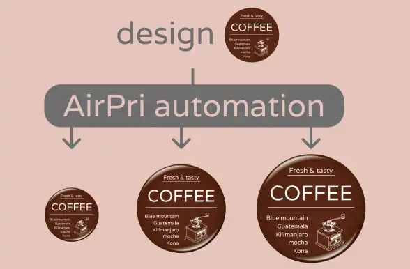 AirPriなら、１つのデザイン作成で複数サイズの缶バッジができる