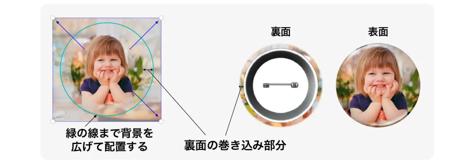 缶バッジの裏面にもデザインを入れるため背景は広めに入れる